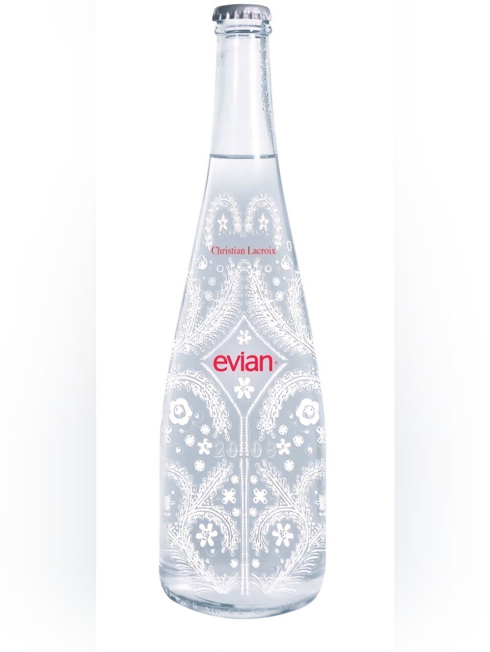 2008 Christian LaCroix Evian Colab Glass Water bottle SNOWFLAKE LACE  NEW FULL